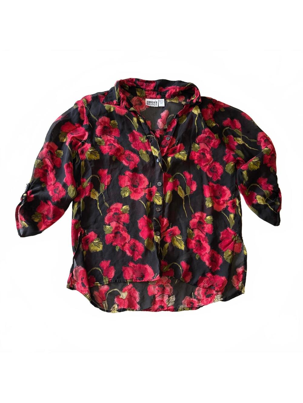 Vintage Chico's Red Floral Whimsical Sheer Button-Up Fall Layering Cottagecore - Picture 3 of 5